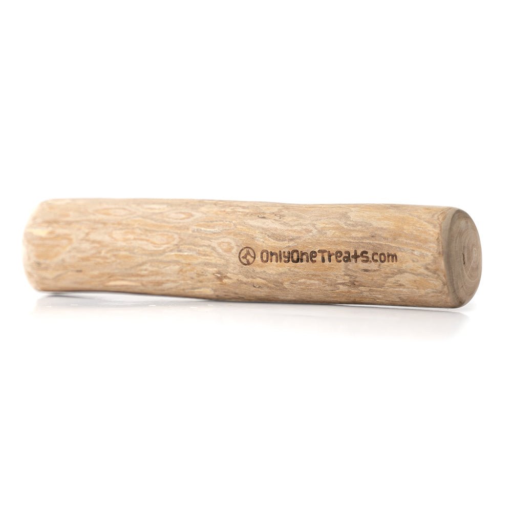 Wood dog chew with 'OnlyOneTreats.com' branding on a white background