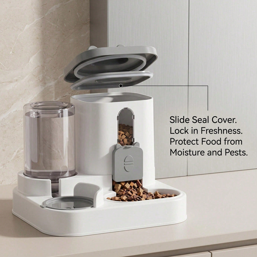 Pet feeder with water dispenser on a kitchen counter
