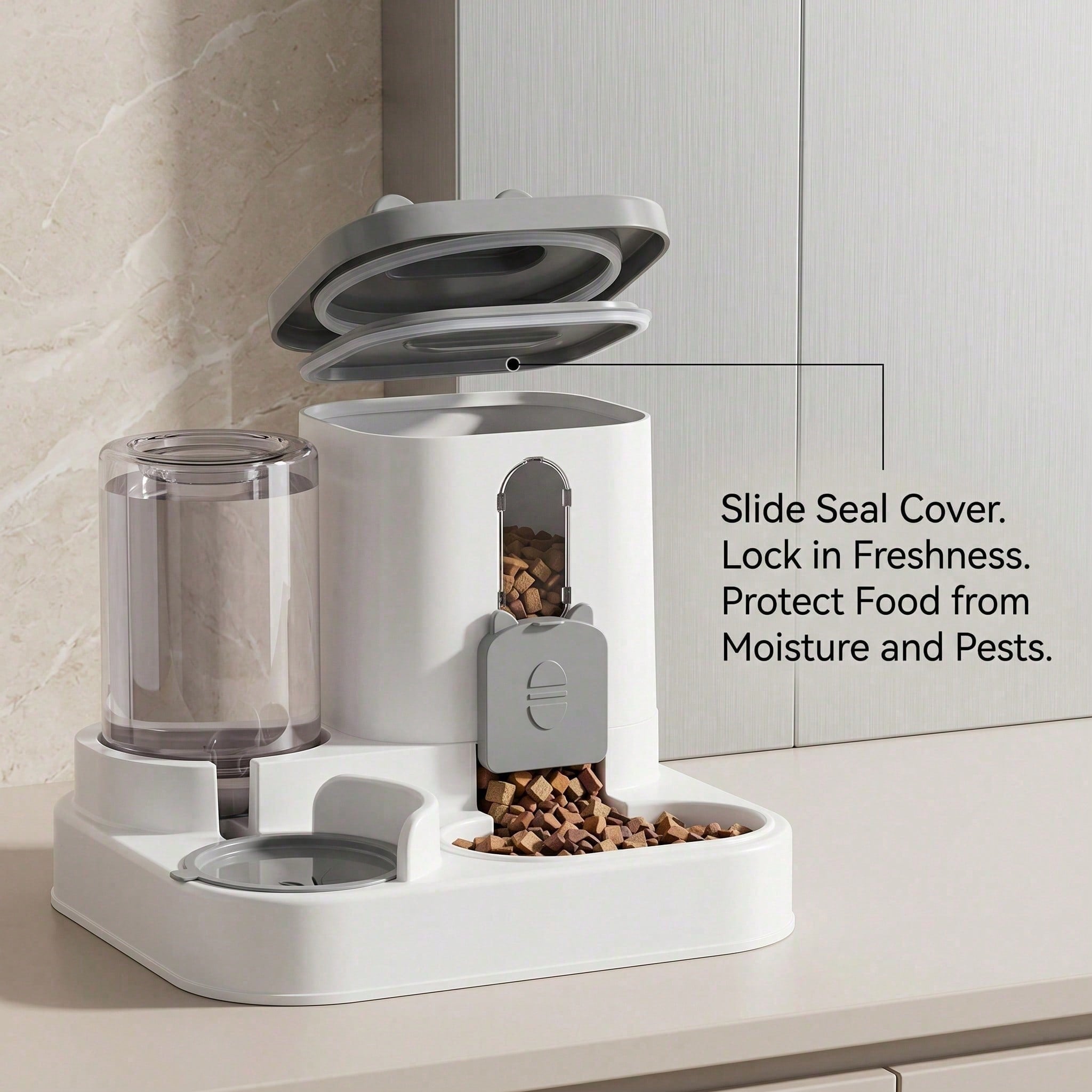 Pet feeder with water dispenser on a kitchen counter