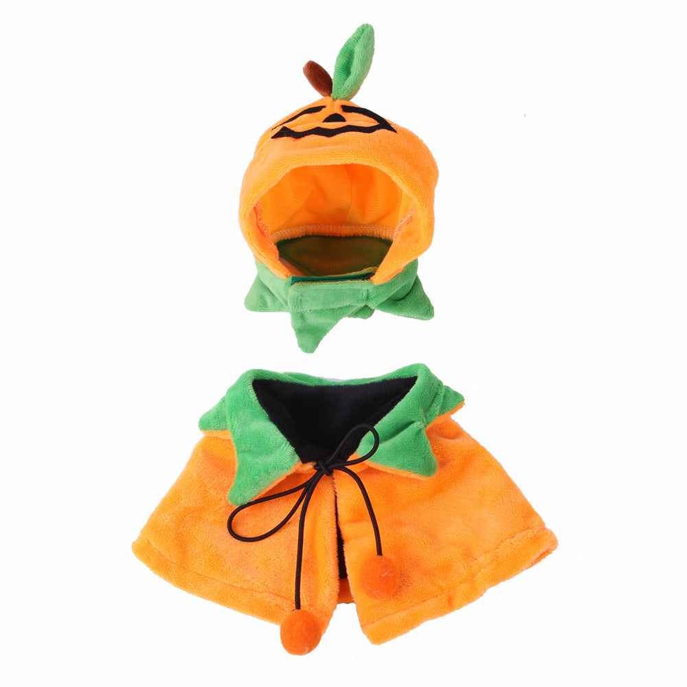 Pumpkin-themed pet costume with hat and coat on a white background