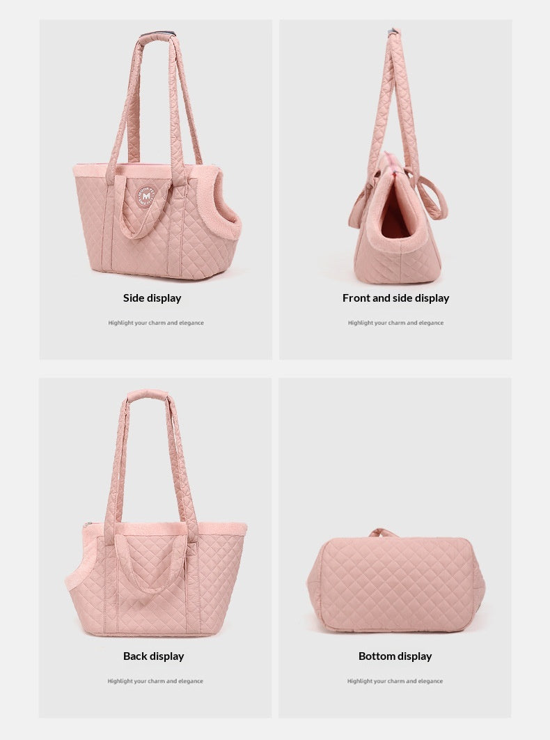 Pink quilted pet carrier displayed from multiple angles on a light gray background