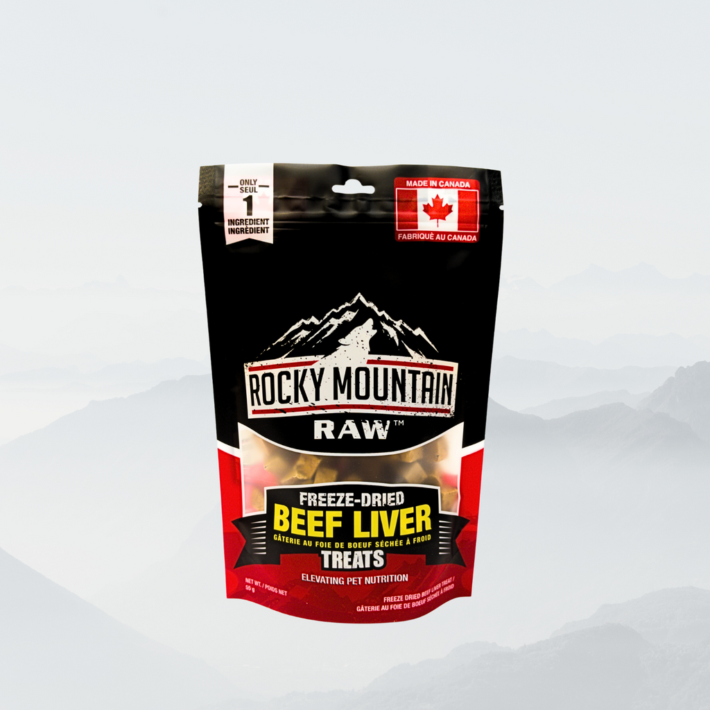Bag of Rocky Mountain Raw freeze-dried beef liver treats on a white background