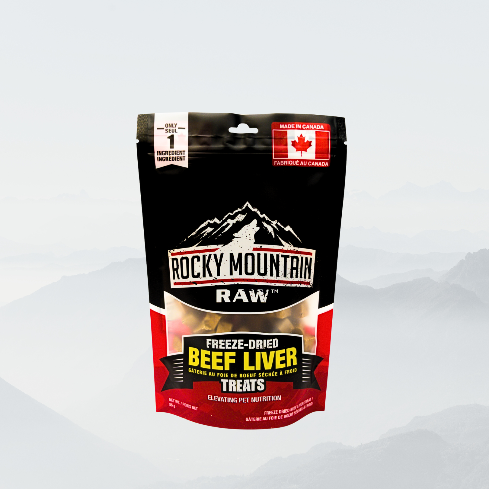 Bag of Rocky Mountain Raw freeze-dried beef liver treats on a white background