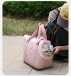 Person holding a pink quilted pet carrier with a cat peeking out, sitting on a pavement.
