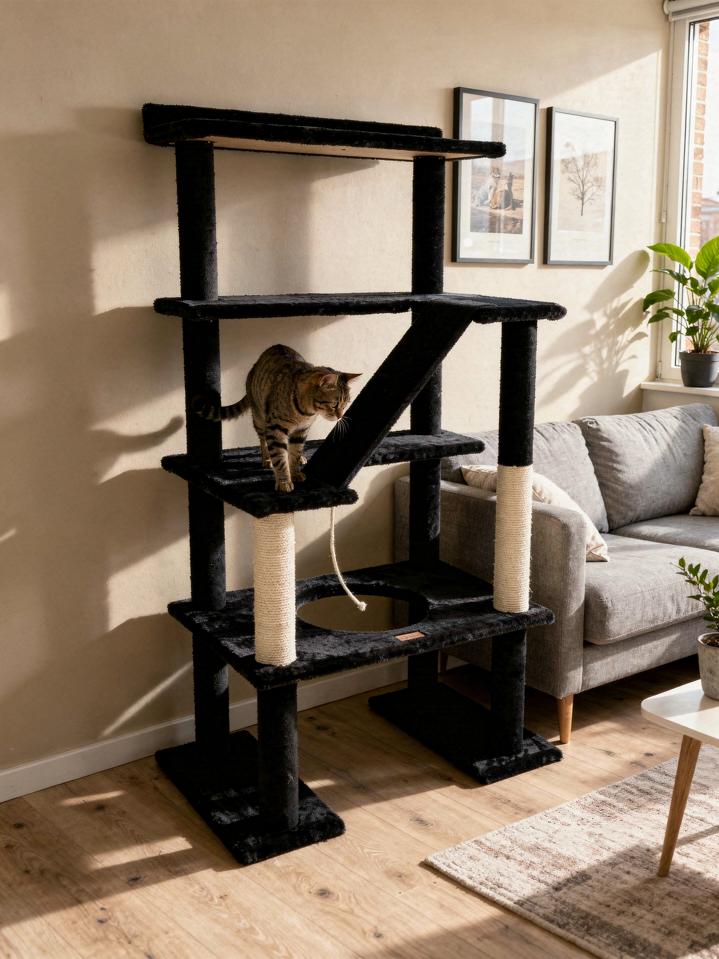 Cat climbing a black multi-level cat tree in a living room.
