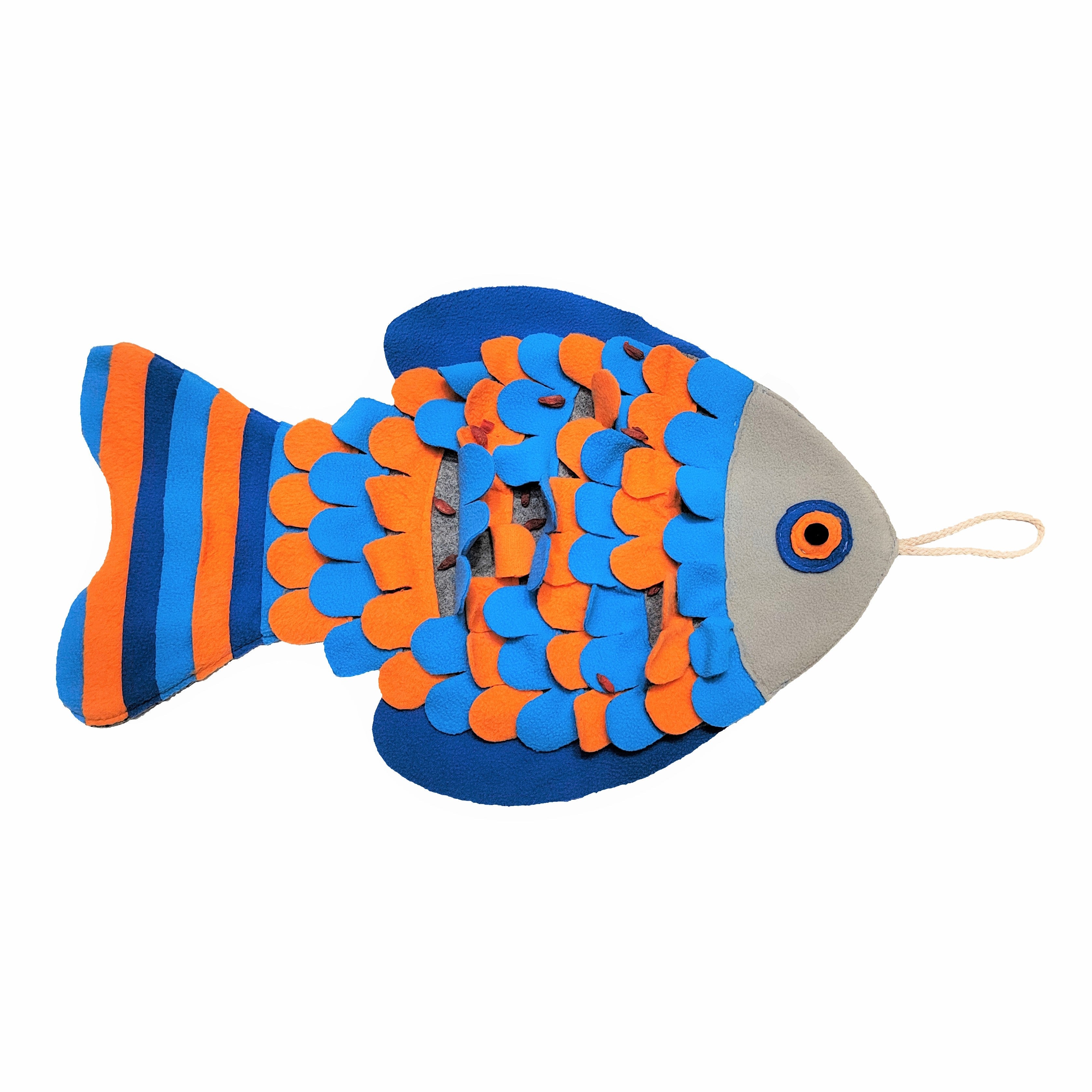 Fish-shaped snuffle mat with blue and orange stripes on a white background