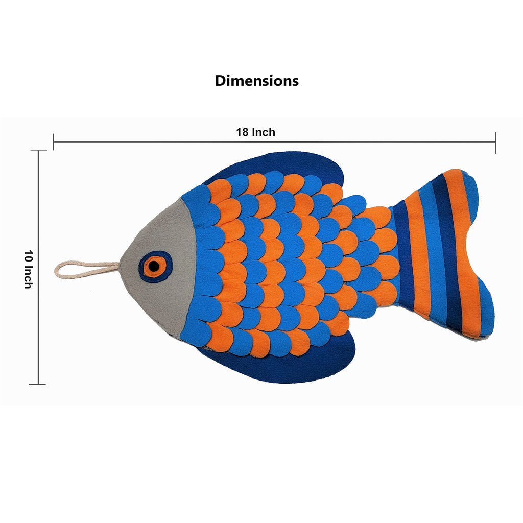 Colorful fish-shaped snuffle mat with dimensions on a white background
