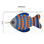 Colorful fish-shaped snuffle mat with dimensions on a white background