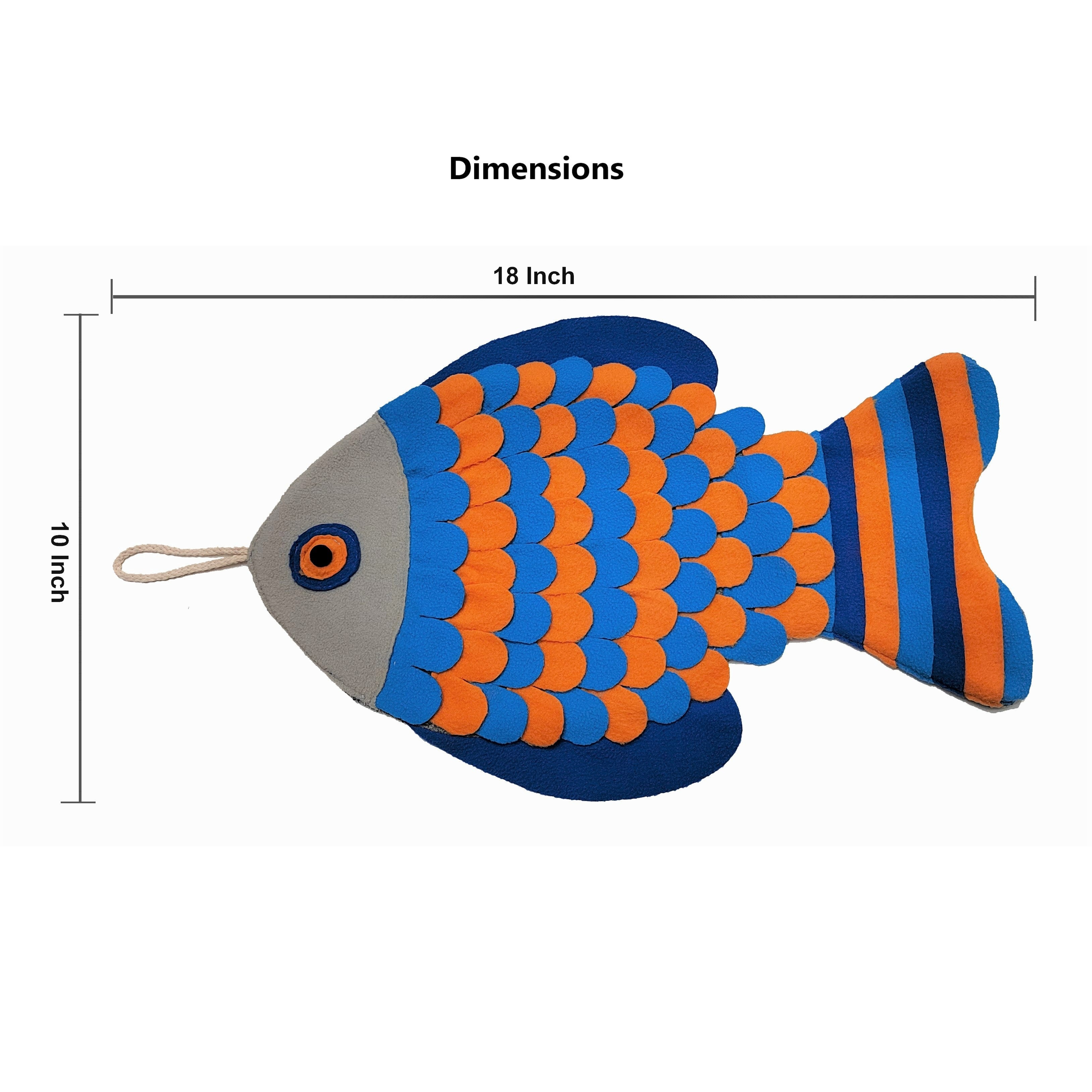 Colorful fish-shaped snuffle mat with dimensions on a white background