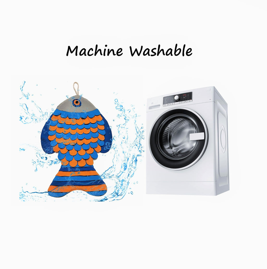 Fish-shaped snuffle mat with colorful pattern next to a washing machine, indicating machine washability.
