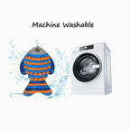 Fish-shaped snuffle mat with colorful pattern next to a washing machine, indicating machine washability.