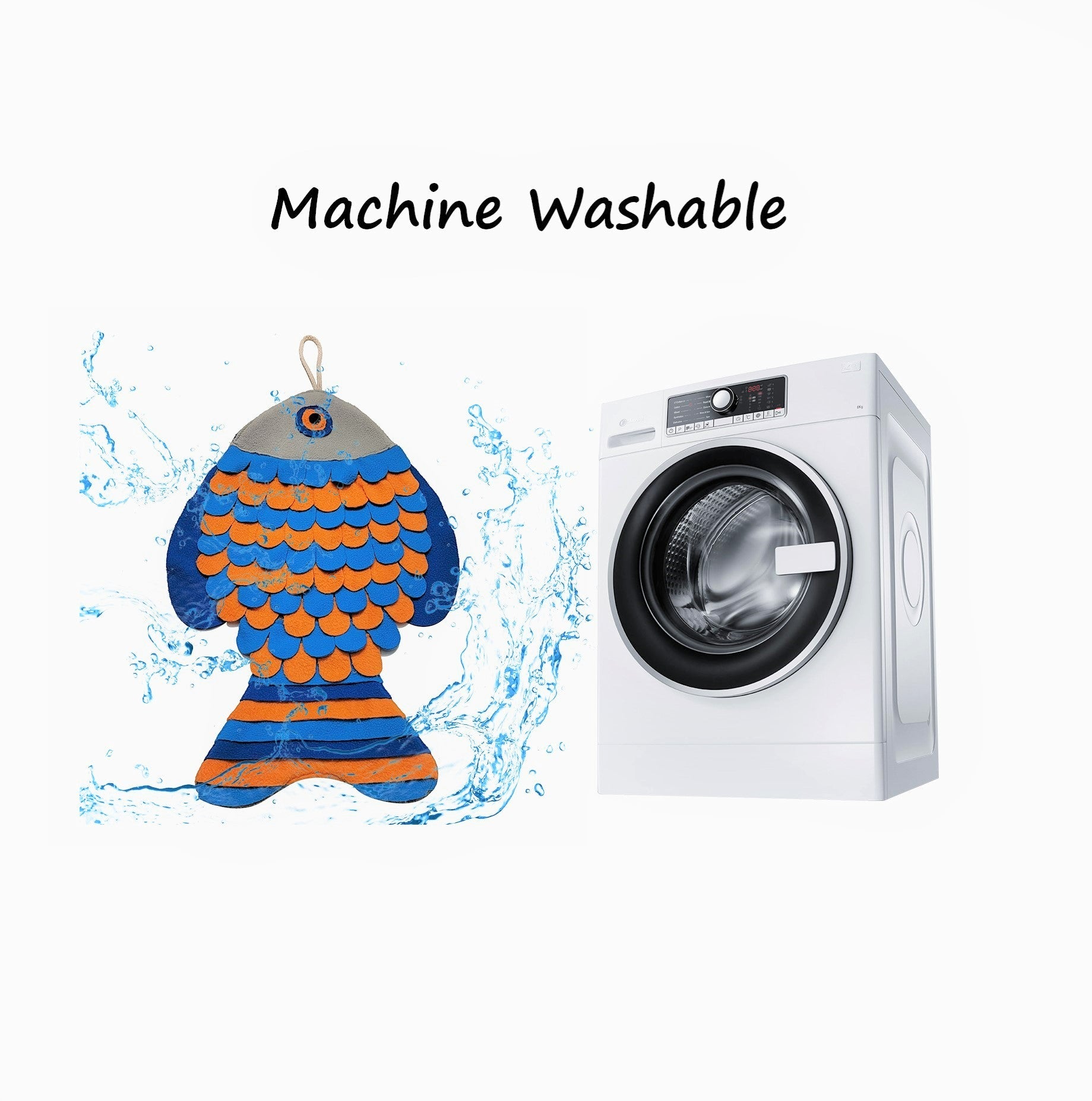 Fish-shaped snuffle mat with colorful pattern next to a washing machine, indicating machine washability.