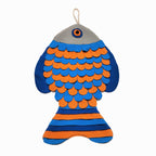 Colorful fish-shaped snuffle mat with blue and orange patterns on a white background