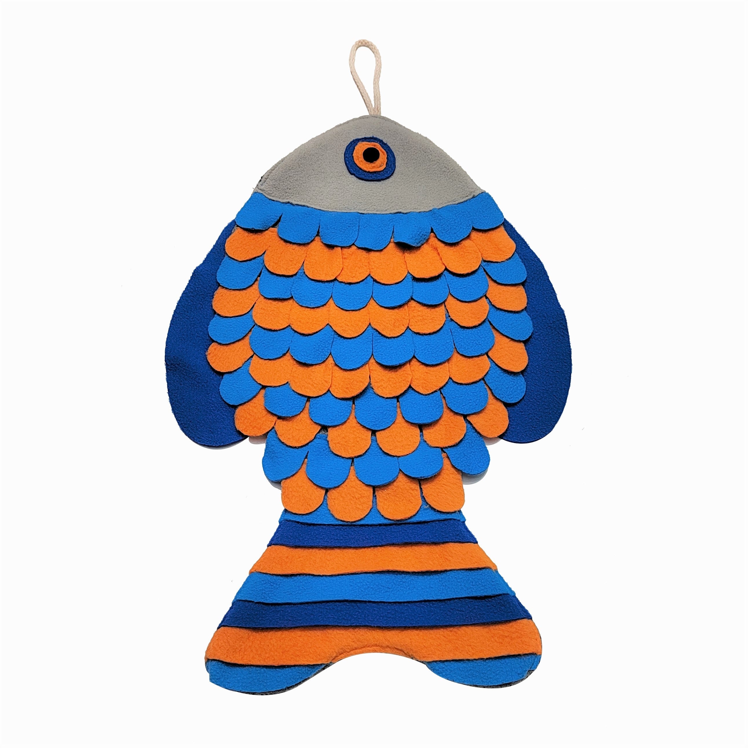 Colorful fish-shaped snuffle mat with blue and orange patterns on a white background