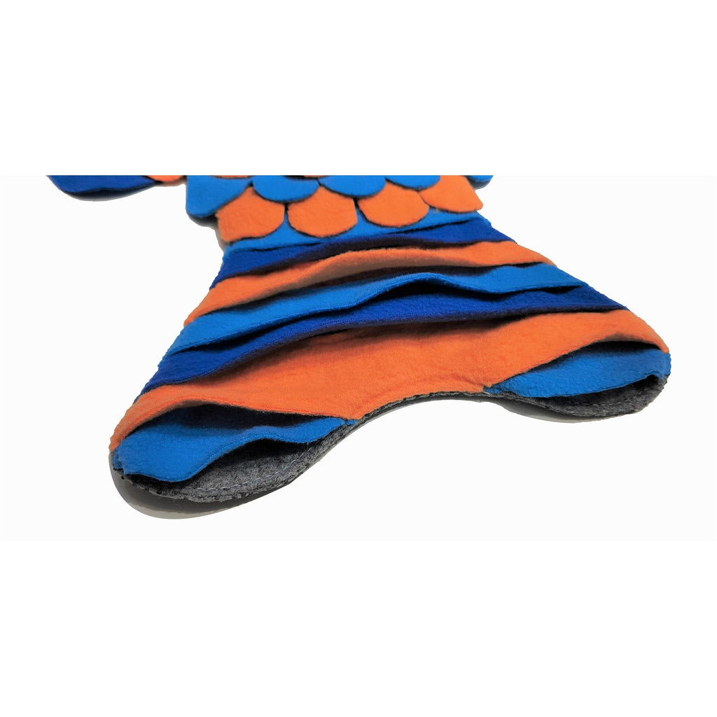 Colorful fish-shaped snuffle mat with blue and orange patterns on a white background