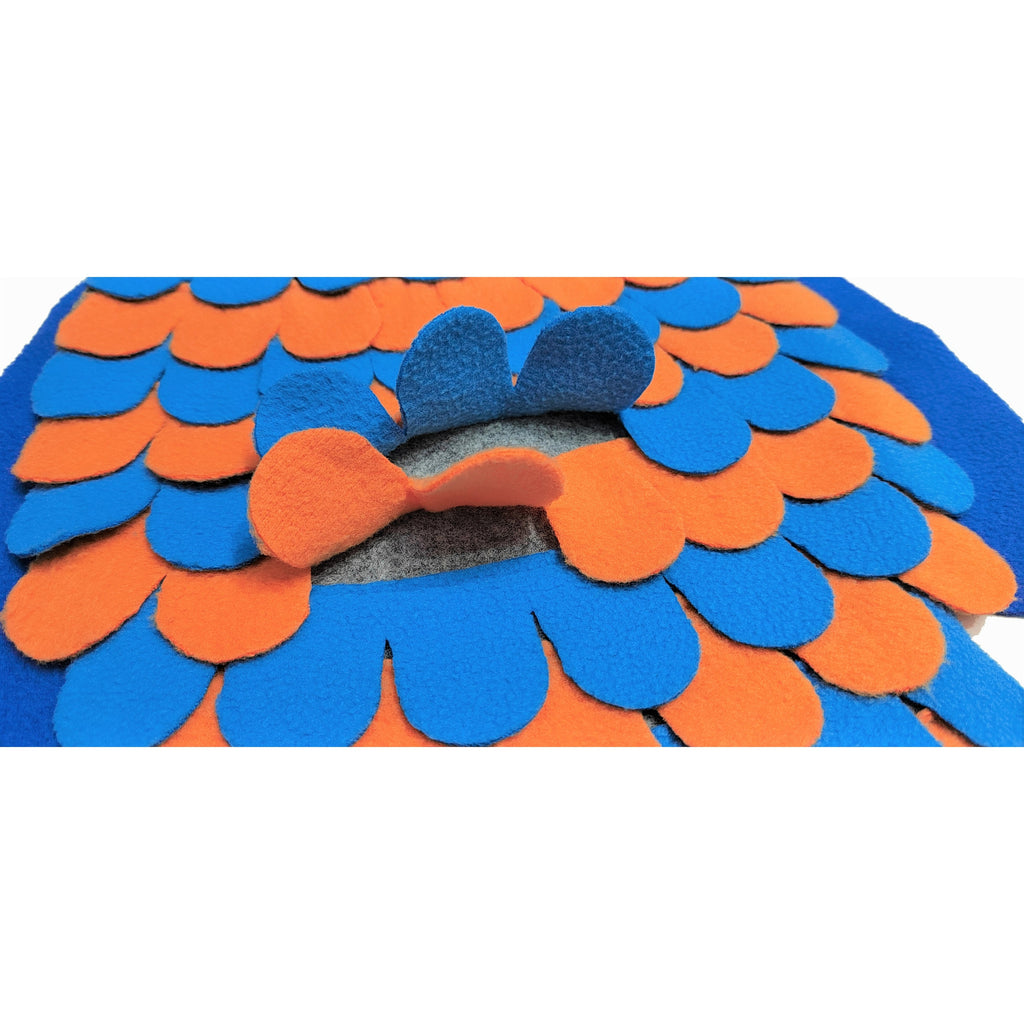Blue and orange snuffle mat on a white background