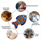 Fish-shaped pet snuffle mat with images of pets and text describing their behaviors.