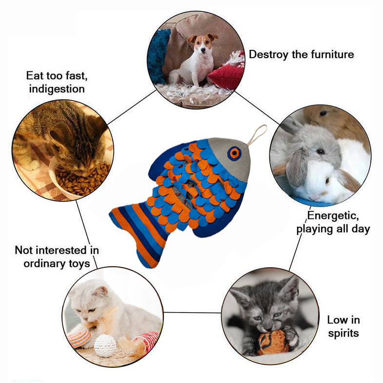 Fish-shaped pet snuffle mat with images of pets and text describing their behaviors.