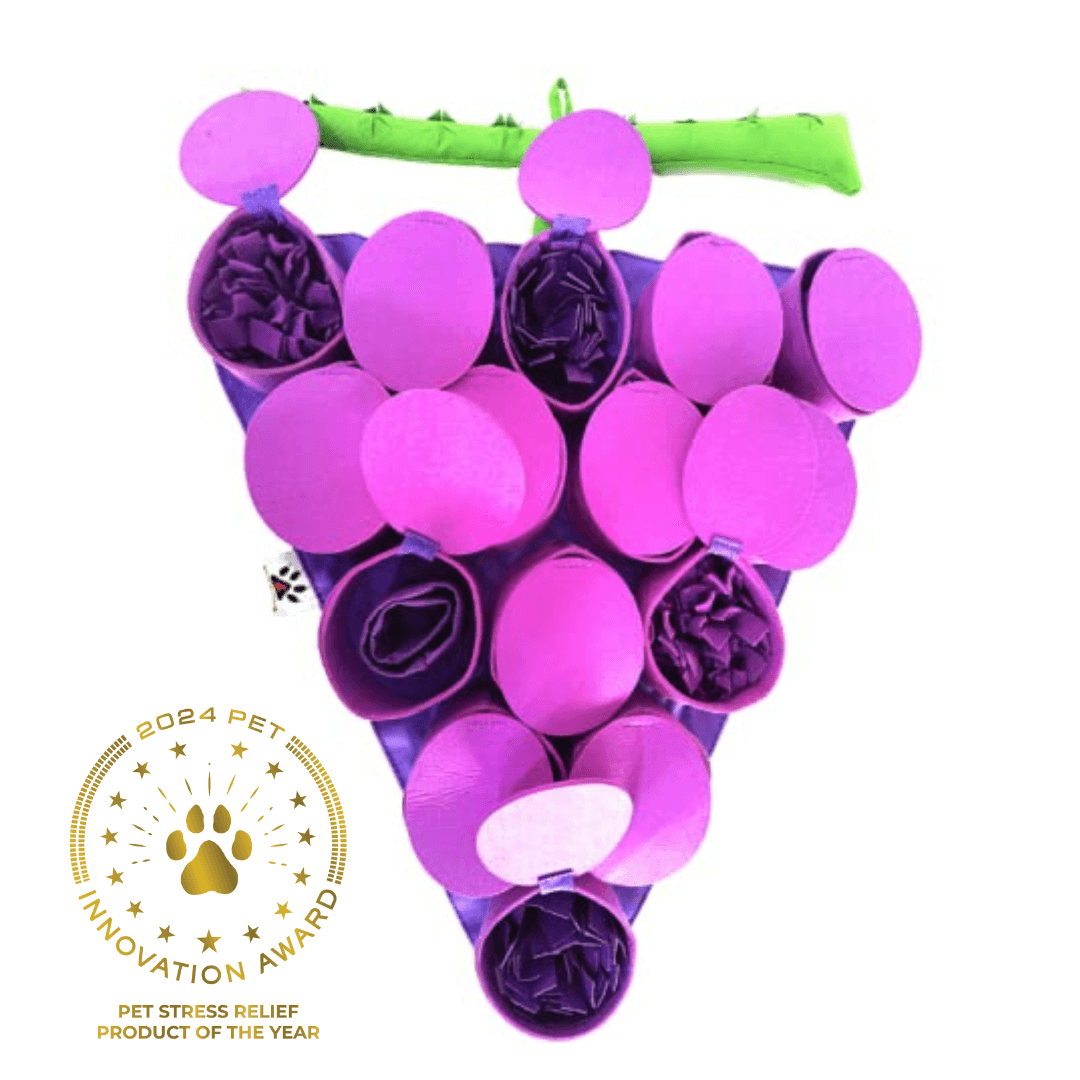 Purple and pink pet toy shaped like a bunch of grapes with a green stick on a white background, featuring an 'Innovation Award' logo.