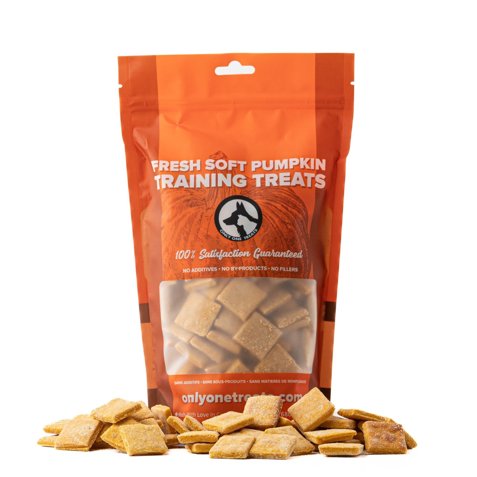 Bag of fresh soft pumpkin training treats with visible treats on a white background