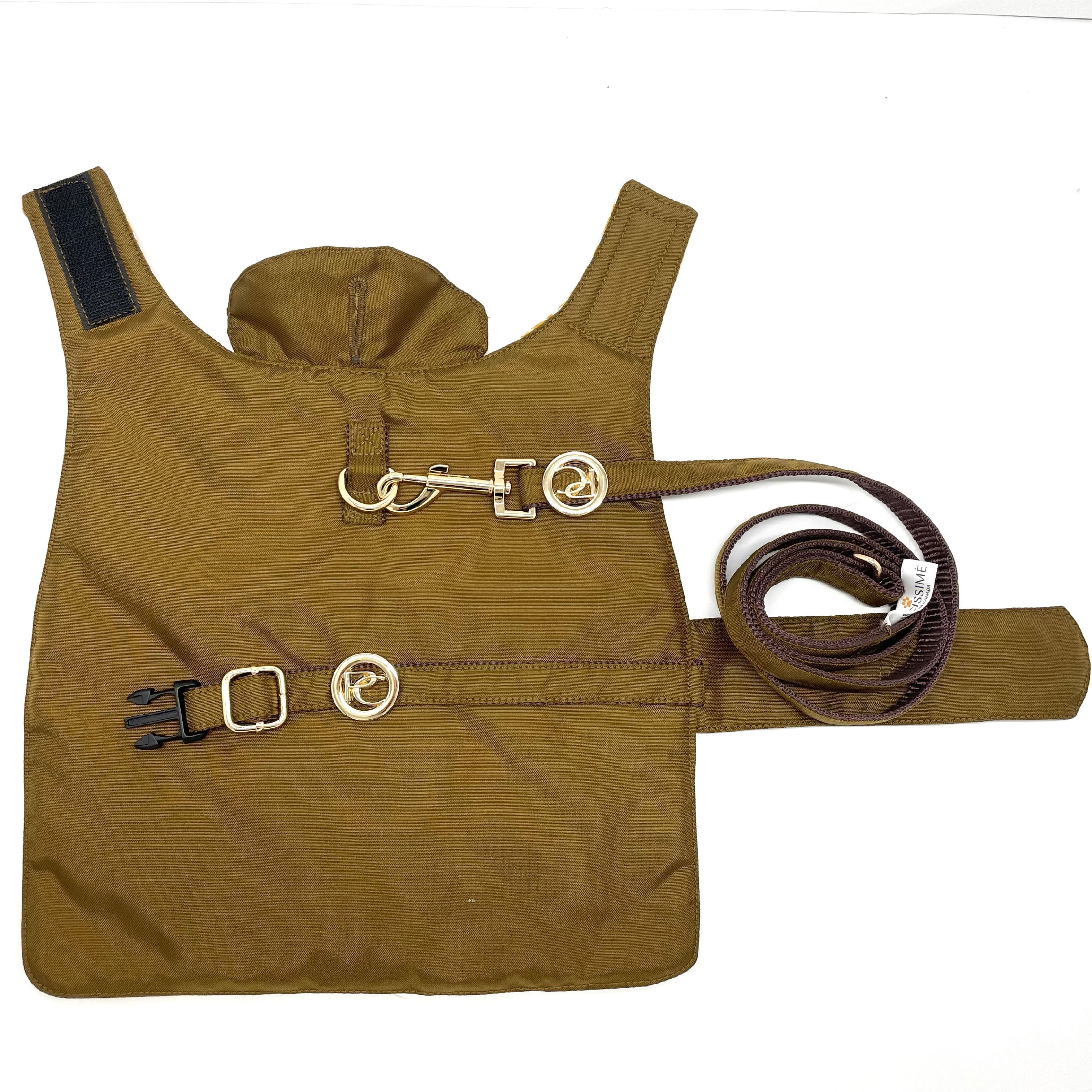 Gold Dog raincoat with leashes on a white background