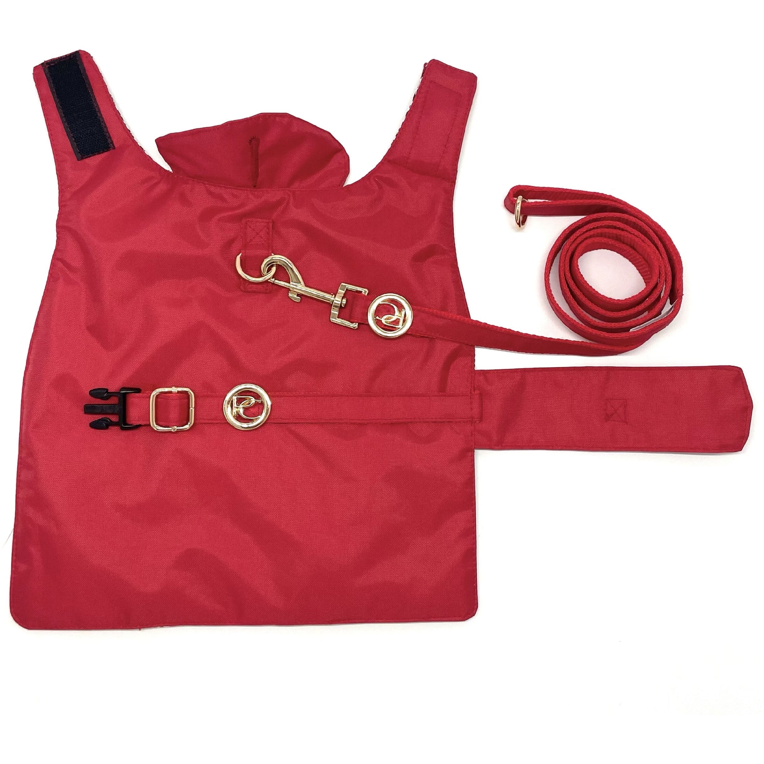 Red dog raincoat and leash set on a white background
