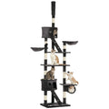 Cat tree with multiple levels and a cat climbing on it against a white background
