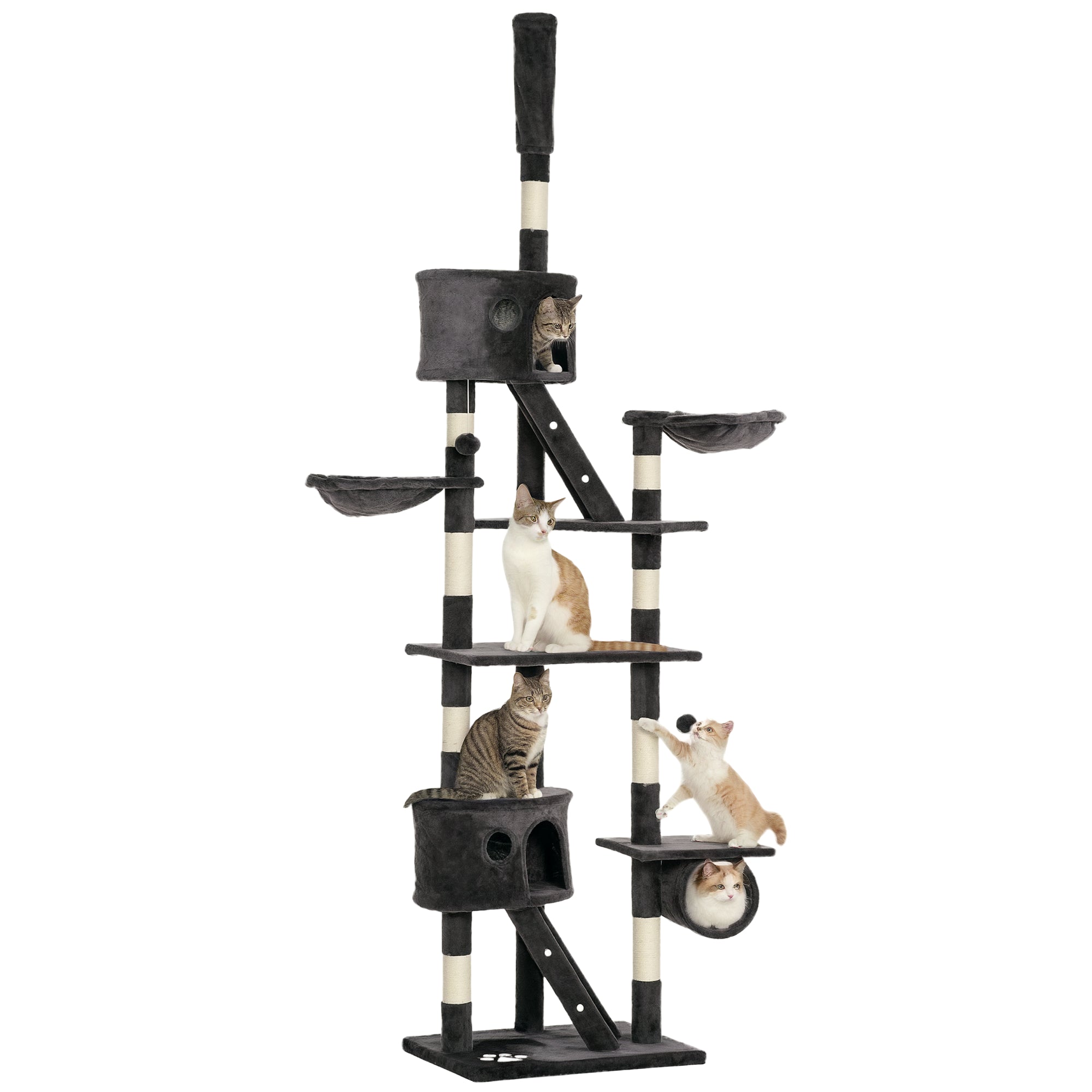 Cat tree with multiple levels and a cat climbing on it against a white background