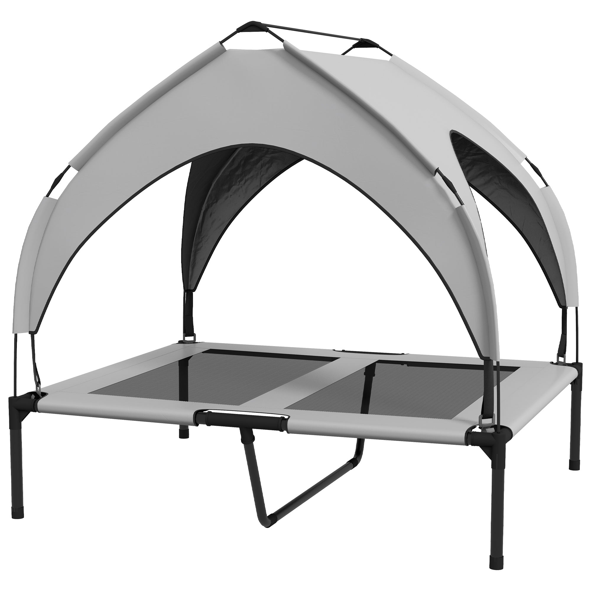 Outdoor pet canopy bed with gray cover and black frame on a white background