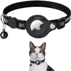 Cat wearing a black collar with a visible Apple logo on a white background