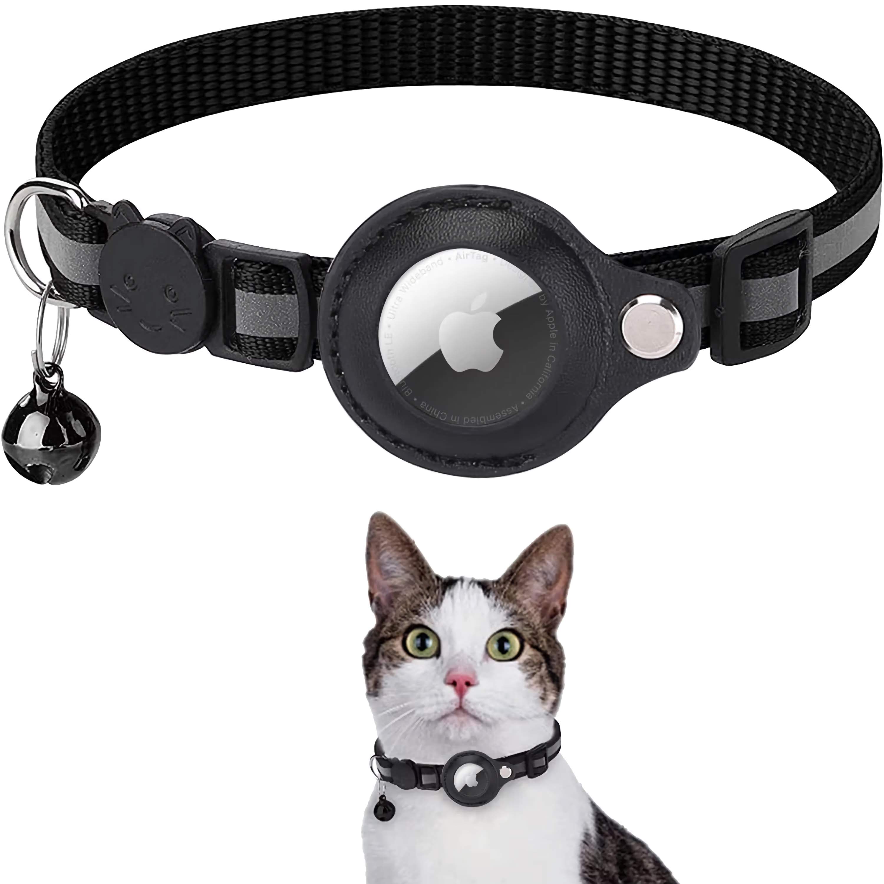 Cat wearing a black collar with a visible Apple logo on a white background