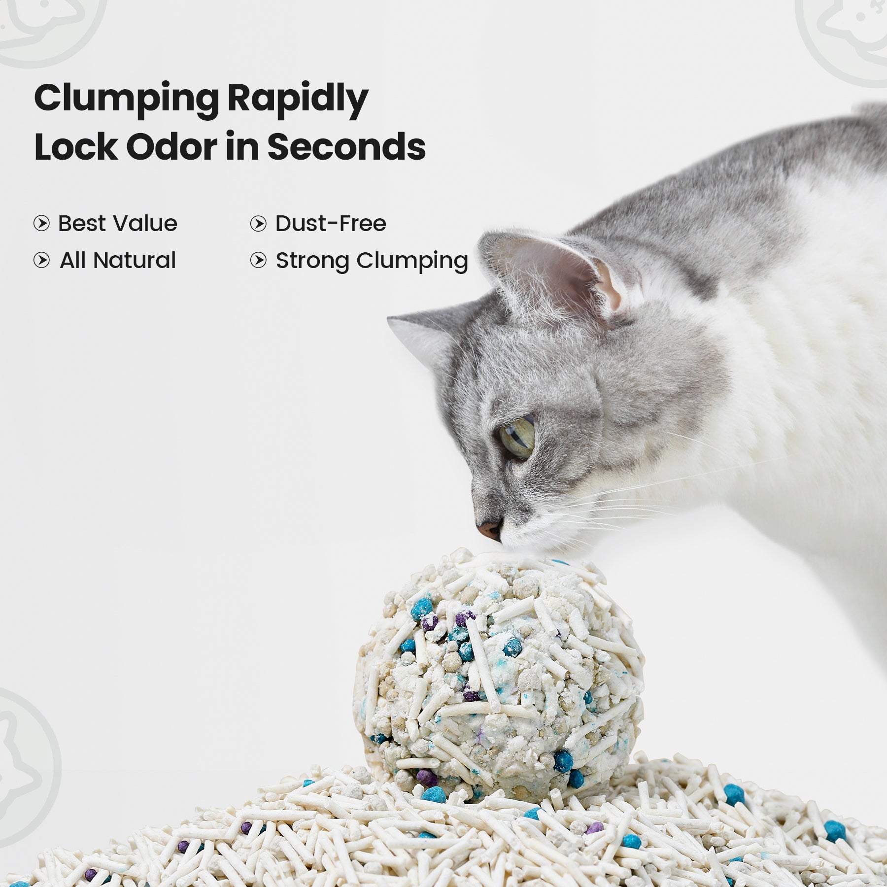 Cat playing with clumping cat litter on a light gray background