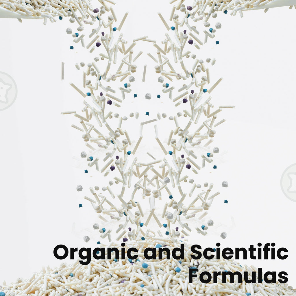 Text 'Organic and Scientific Formulas' with a decorative background of white and multicolored beads.