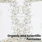 Text 'Organic and Scientific Formulas' with a decorative background of white and multicolored beads.