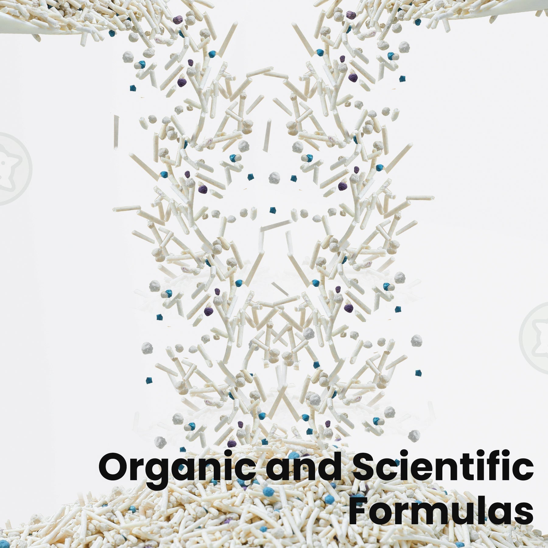 Text 'Organic and Scientific Formulas' with a decorative background of white and multicolored beads.