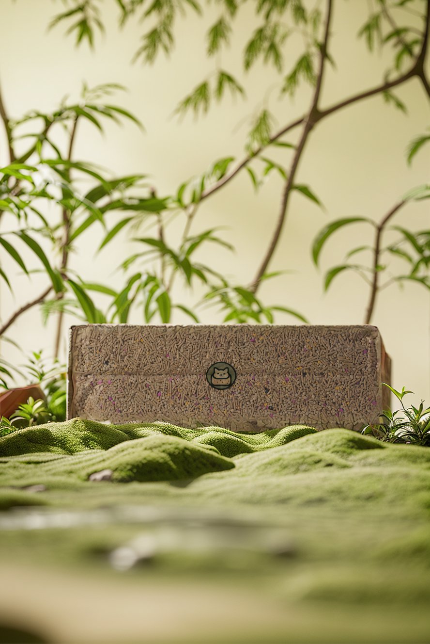 Rectangular cat litter block with a logo on a grassy surface with plants in the background