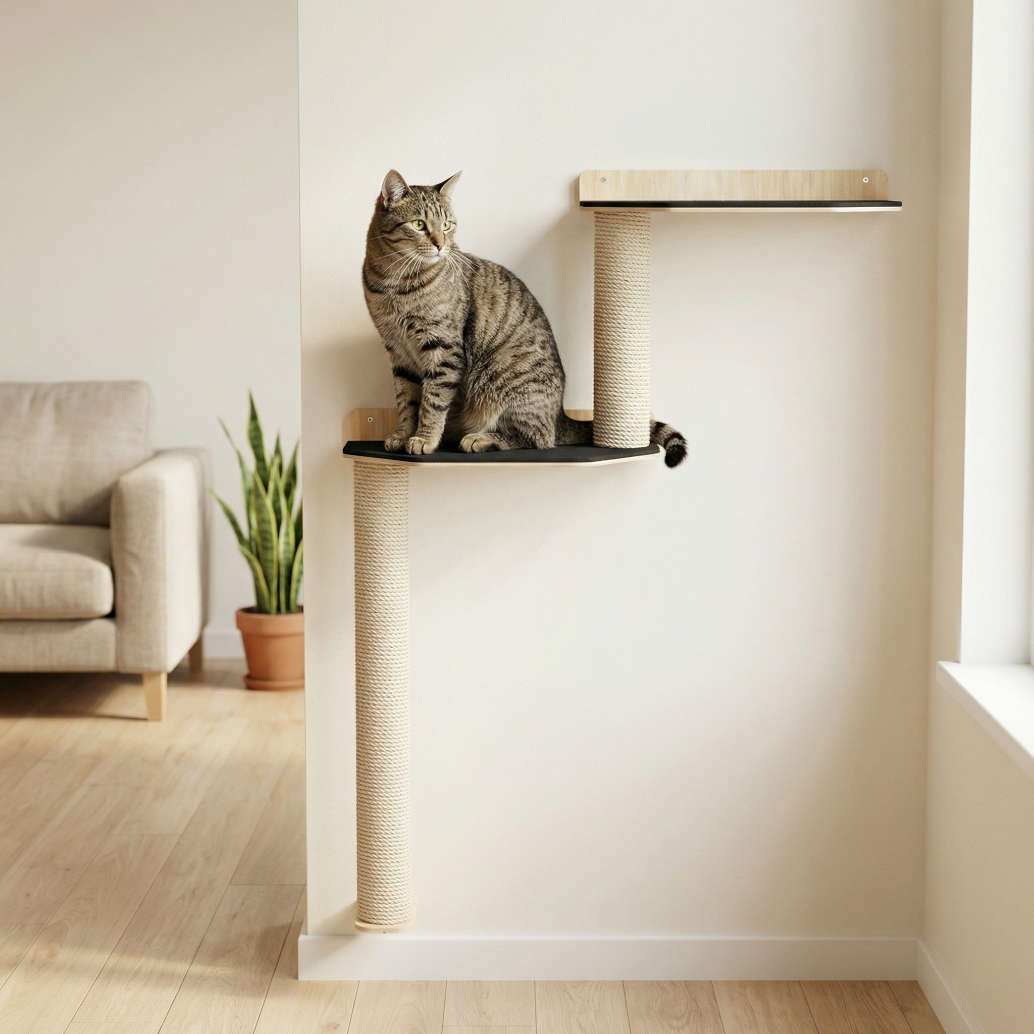 Cat sitting on a modern cat tree in a minimalistic living room.
