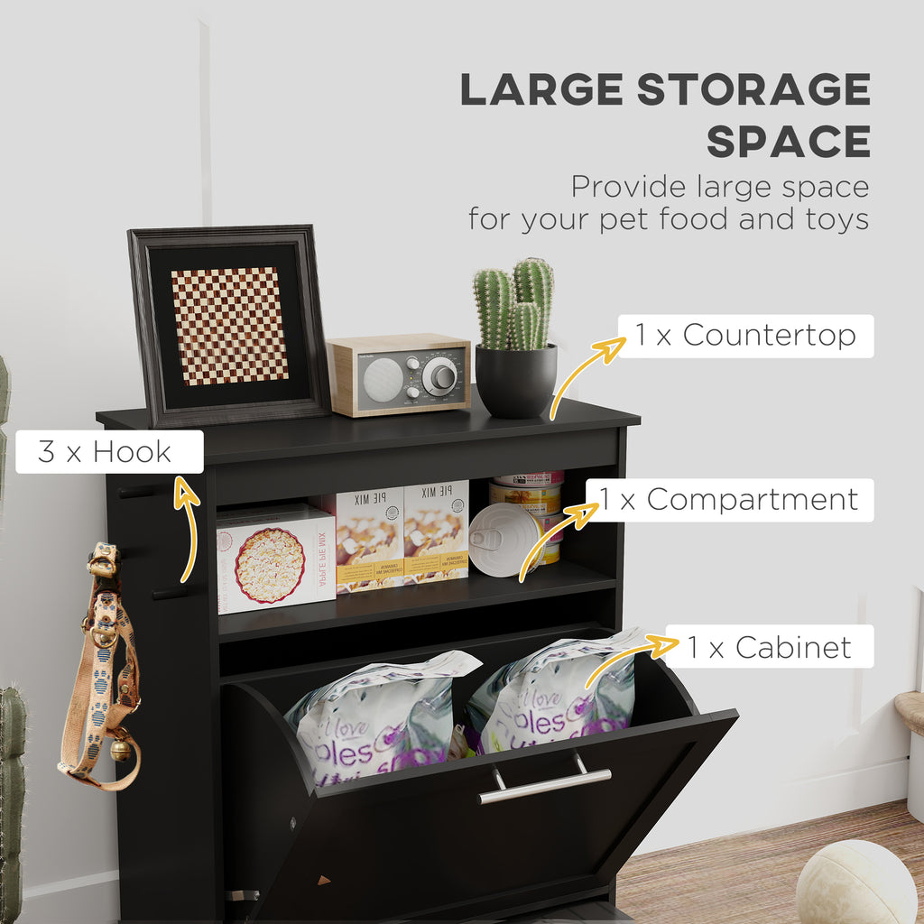 Black pet food storage cabinet with labeled compartments and features on a white background