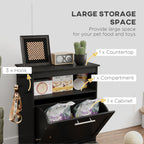 Black pet food storage cabinet with labeled compartments and features on a white background