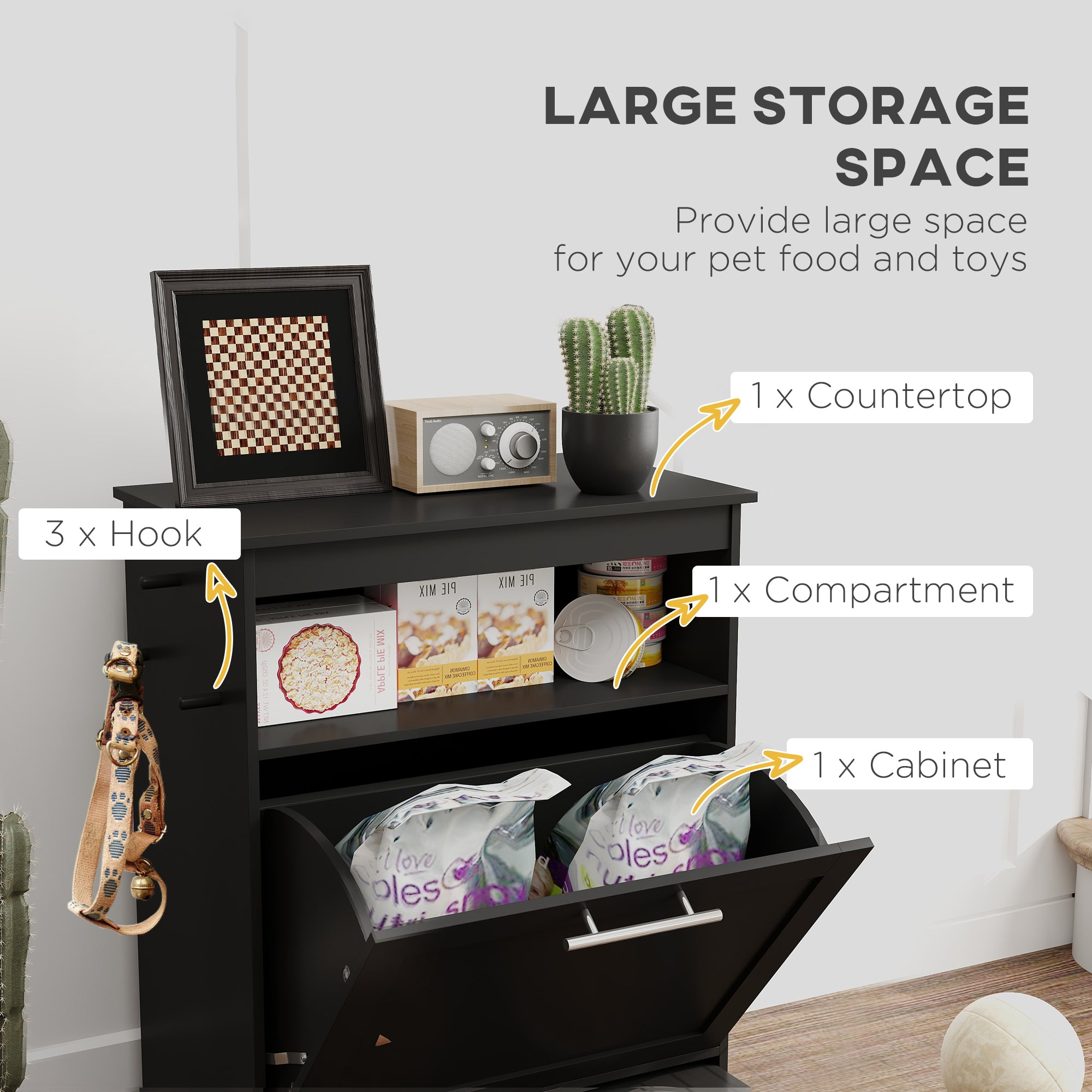 Black pet food storage cabinet with labeled compartments and features on a white background