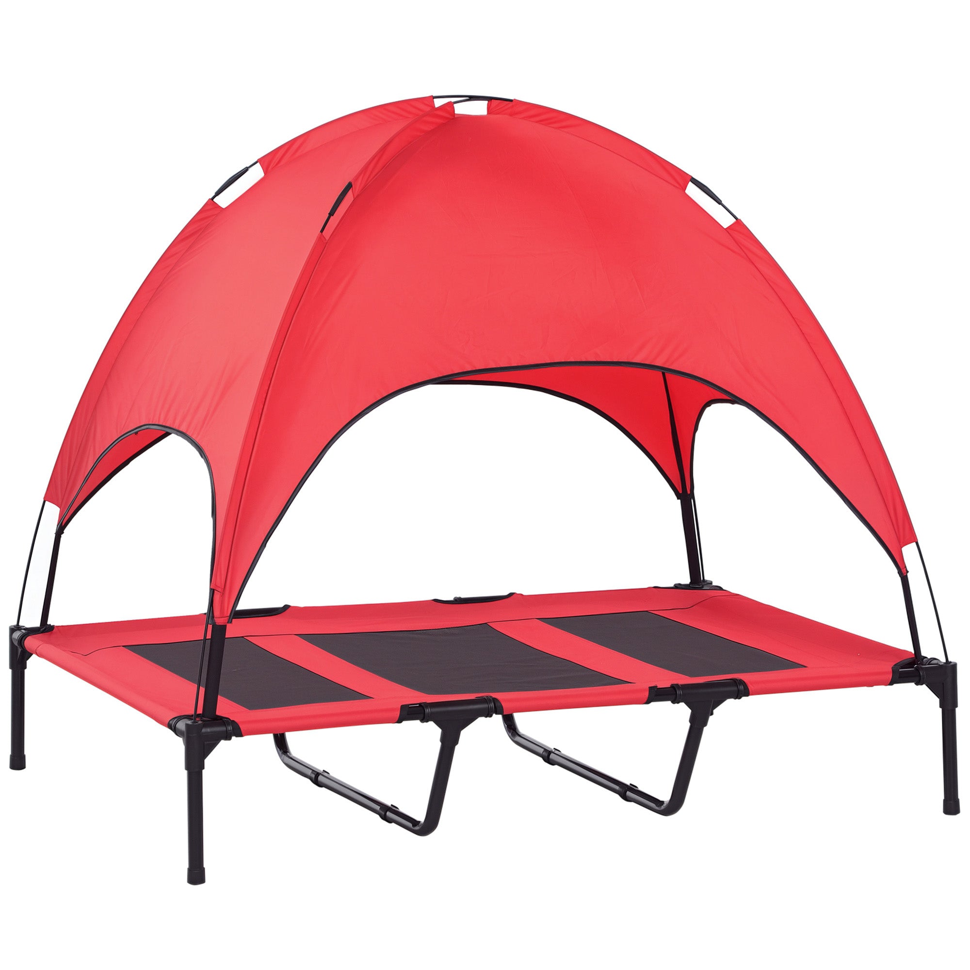 Red camping pet cot with canopy on a white background