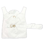 White dog raincoat with gold buckle on a white background