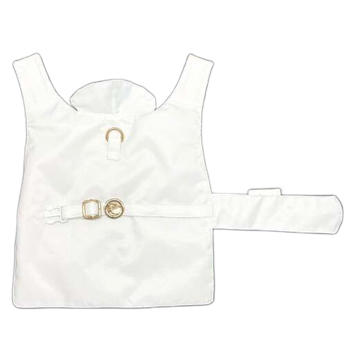 White dog raincoat with gold buckle on a white background