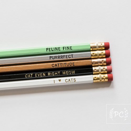 Set of six pencils with cat-themed text on a white background