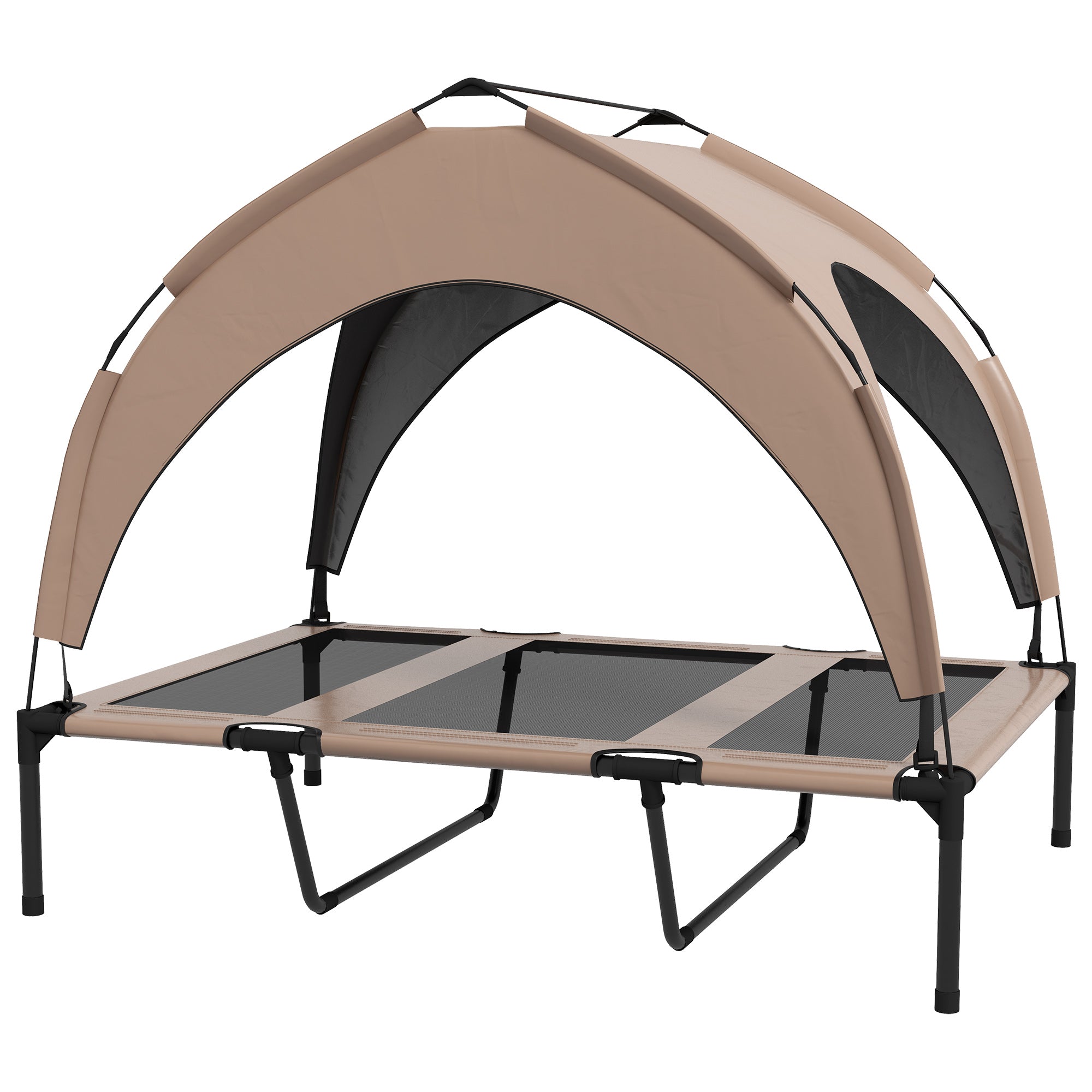 Beige and black outdoor pet canopy bed on a white background