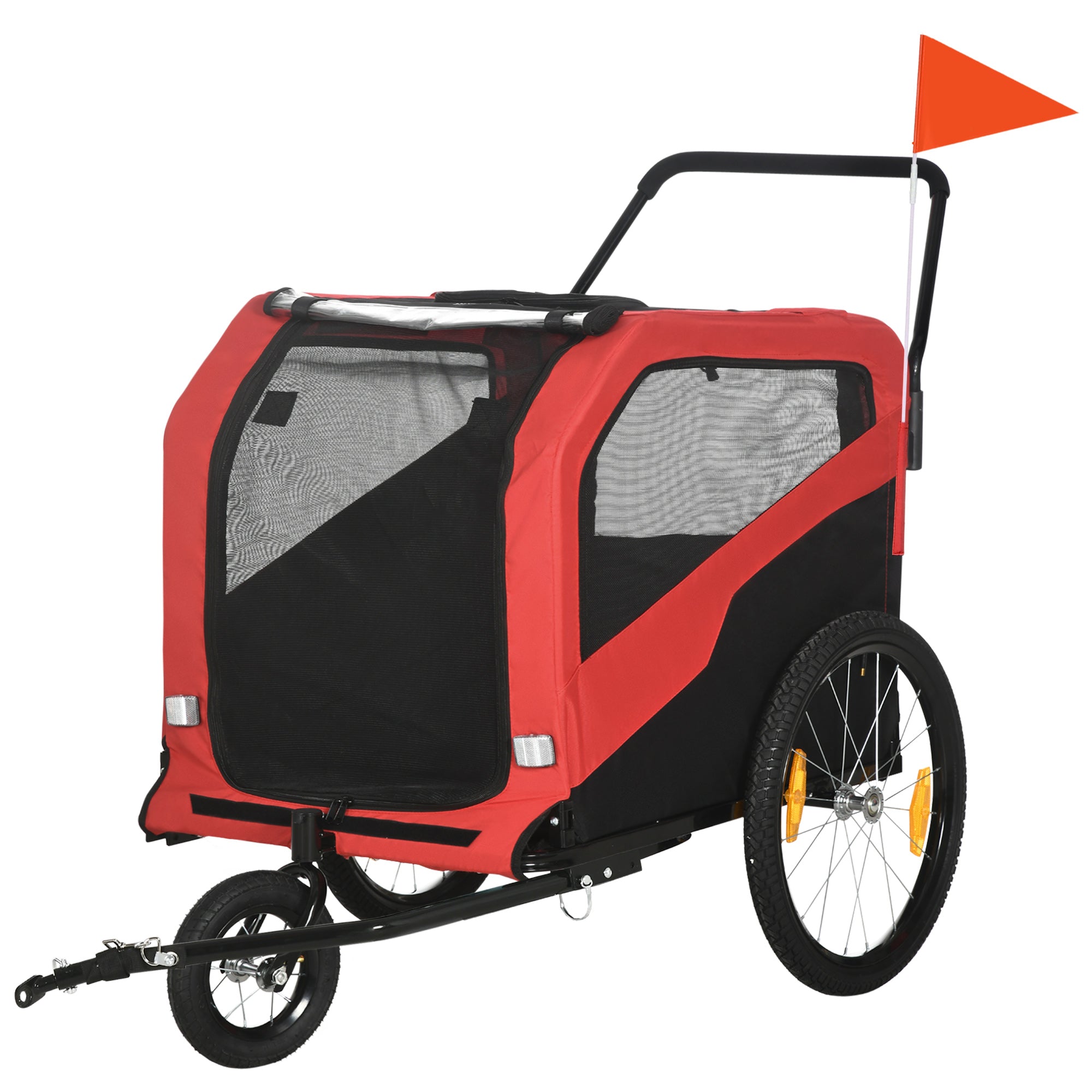 Red and black pet bike trailer with a flag on a white background