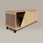Wooden pet playpen with wicker side on a beige background