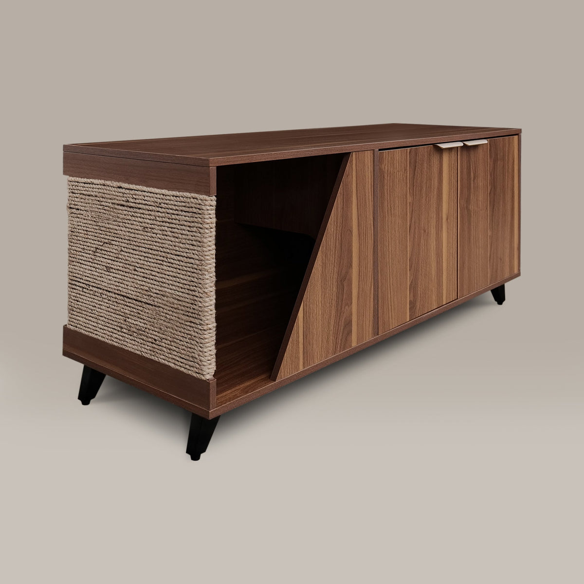 Wooden sideboard with textured panel on a beige background