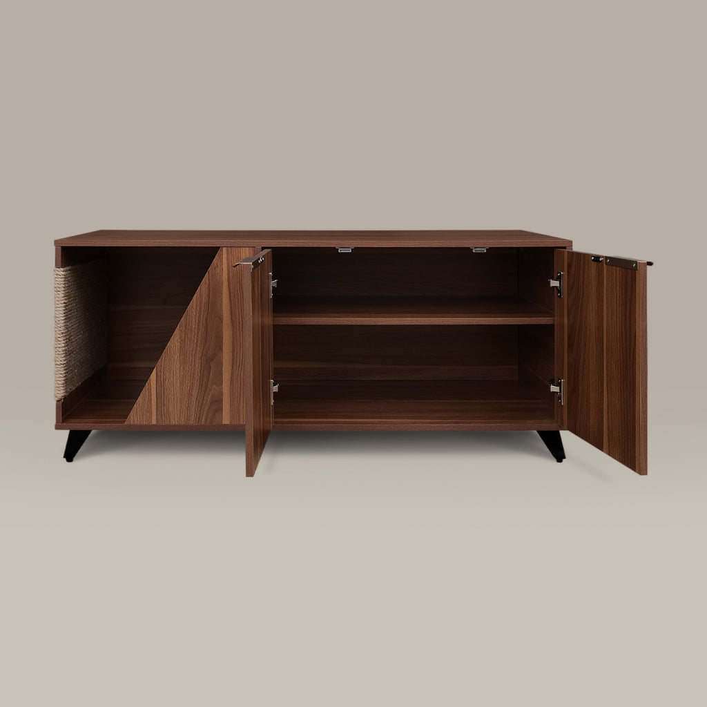 Wooden sideboard with open doors on a beige background
