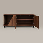 Wooden sideboard with open doors on a beige background